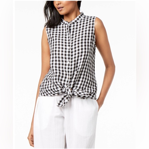 EILEEN FISHER || Sleeveless Black and White Linen Tunic Top. Sz. XL - Picture 2 of 16